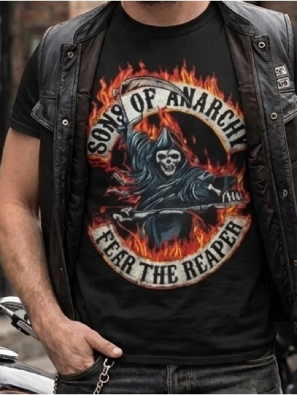 Black "Sons of Anarchy" Graphic Tee with Flaming Reaper